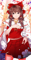Rule 34 | 1girl, black eyes, blush, bow, breasts, brown hair, closed mouth, detached sleeves, hair bow, hair ribbon, hair tubes, hakurei reimu, hand on own chest, highres, long hair, looking at viewer, medium breasts, red bow, red skirt, ribbon, skirt, smile, solo, standing, touhou, x&amp;x&amp;x