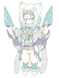 Rule 34 | 1girl, animal ears, animal hands, animal hat, blade (galaxist), blue cloak, blue eyes, blue hair, blue thighhighs, blush, boots, braid, cloak, commentary request, copyright request, covered mouth, cropped legs, dagger, dual wielding, fake animal ears, fur-trimmed boots, fur-trimmed cloak, fur-trimmed sleeves, fur trim, gloves, gradient hair, groin, hair between eyes, hair ornament, hat, holding, holding dagger, holding knife, holding weapon, knee boots, knife, leotard, looking at viewer, multicolored hair, paw gloves, simple background, solo, thighhighs, twin braids, weapon, white background, white footwear, white gloves, white hair, white hat, white leotard