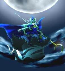 Rule 34 | 1girl, cape, female focus, full moon, ghost tail, green hair, long hair, mima (touhou), moon, mystic square, night, red eyes, solo, staff, taihentai, touhou, touhou (pc-98), wind, wind lift