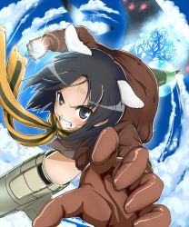 Rule 34 | 10s, 1girl, black eyes, black hair, brave witches, bruise, clenched teeth, flying, gloves, hi-ho-, incoming attack, incoming punch, injury, kanno naoe, neuroi, punching, scarf, short hair, solo, strike witches, striker unit, striped clothes, striped scarf, teeth, world witches series