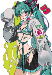 Rule 34 | 1girl, 39, :p, aqua hair, aqua necktie, arm at side, bandaid, bandaid on face, bandaid on nose, barcode, bikini, black skirt, blush stickers, breasts, contrapposto, cowboy shot, cropped jacket, ear piercing, earrings, eyelashes, grey jacket, groin, hand up, hashtag, hatsune miku, heart, heart-shaped pupils, high collar, highres, hip bones, jacket, jewelry, ksan tb, lace, lace-trimmed bikini, lace trim, long eyelashes, long hair, miku day, narrow waist, navel, necklace, necktie, outline, partially unzipped, piercing, pink outline, pleated skirt, rainbow, revealing clothes, side-tie bikini bottom, simple background, skinny, skirt, sleeves past fingers, sleeves past wrists, small breasts, solo, star (symbol), stomach, stomach tattoo, striped bikini, striped clothes, stud earrings, swimsuit, symbol-shaped pupils, tattoo, thighs, tongue, tongue out, tongue piercing, twintails, vertical-striped bikini, vertical-striped clothes, very long hair, vocaloid, white background