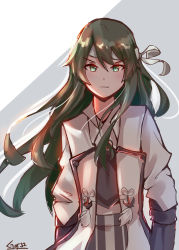 Rule 34 | 1girl, absurdres, artist name, gar32, green eyes, grey background, hachimaki, hair between eyes, headband, highres, japanese clothes, kantai collection, long hair, official alternate costume, solo, very long hair, zuikaku (kancolle), zuikaku kai ni (kancolle)