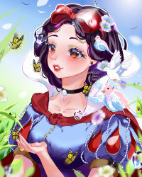 Rule 34 | 1girl, animal, animal on shoulder, artist name, beads, bird, bird on shoulder, black choker, black hair, blue sky, blush, bow, brown eyes, bug, butterfly, choker, collarbone, dated, day, dress, earrings, flower, grass, hair bow, hair flower, hair ornament, insect, jewelry, lipstick, long neck, makeup, moremi-hime, outdoors, puffy short sleeves, puffy sleeves, red bow, short hair, short sleeves, sky, snow white, snow white (disney), snow white and the seven dwarfs, solo, upper body, yellow butterfly