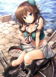Rule 34 | 10s, 1girl, black gloves, blue eyes, breasts, brown hair, dress, gloves, hair ornament, hairclip, hat, headgear, kantai collection, large breasts, maya (kancolle), midriff, open mouth, pleated skirt, remodel (kantai collection), sailor dress, school uniform, serafuku, short hair, skirt, sleeveless, smile, suien