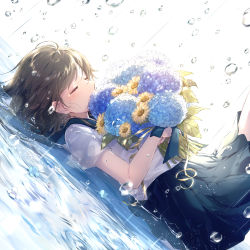 Rule 34 | 1girl, absurdres, backlighting, blue sailor collar, blue skirt, blush, bouquet, breasts, brown hair, closed mouth, commentary request, crying, dutch angle, flower, from side, highres, holding, holding bouquet, hydrangea, lying, medium breasts, medium skirt, on back, original, puddle, rain, sailor collar, school uniform, sena tea29, serafuku, shallow water, shirt, short sleeves, skirt, smile, solo, sunflower, tears, water, water drop, white shirt