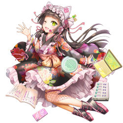Rule 34 | 1girl, alto seneka, black hair, cellphone, computer, frills, full body, green eyes, hairband, japanese clothes, keyboard (computer), kimono, laptop, long hair, looking at viewer, official art, one eye closed, open mouth, original, phone, smartphone, solo, white background