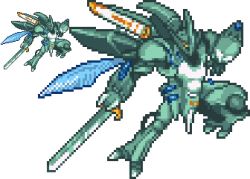 Rule 34 | bellvine, fantasy, flying, holding, holding sword, holding weapon, insect wings, looking down, lowres, mecha, no humans, pixel art, robot, seisenshi dunbine, siba. (sibadot), sword, transparent background, weapon, white background, wings, yellow eyes, zoom layer