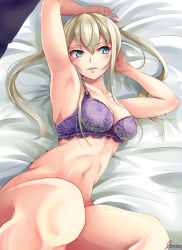 Rule 34 | 10s, 1girl, armpits, bare arms, bare legs, bare shoulders, bed sheet, blonde hair, blush, bra, breasts, graf zeppelin (kancolle), hair between eyes, kantai collection, long hair, medium breasts, purple bra, sidelocks, smile, solo, twintails, underwear, yumibakama meme
