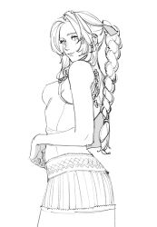 Rule 34 | 1girl, aerith gainsborough, arched back, bare arms, bare shoulders, braid, braided ponytail, breasts, cowboy shot, crisis core final fantasy vii, dress, final fantasy, final fantasy vii, greyscale, hair ribbon, highres, lineart, long hair, looking at viewer, medium breasts, monochrome, oimo (oimkimn), parted bangs, parted lips, ribbon, sidelocks, sleeveless, sleeveless dress, solo, square enix, sundress, white background, white dress