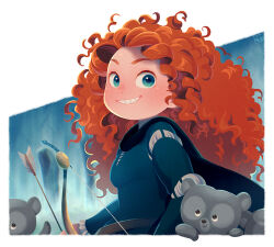Rule 34 | 1girl, arrow (projectile), bear, black cape, blue eyes, border, bow (weapon), brave (pixar), brother and sister, cape, curly hair, dress, eyelashes, grin, holding, holding arrow, holding bow (weapon), holding weapon, kiri futoshi, long hair, long sleeves, merida (brave), red hair, siblings, signature, smile, weapon, white border