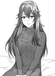 Rule 34 | 1girl, ameno (a meno0), bad id, bad twitter id, fire emblem, fire emblem awakening, greyscale, hair between eyes, long hair, long sleeves, looking at viewer, lucina (fire emblem), monochrome, nintendo, own hands together, simple background, sitting, smile, solo, sweater, symbol-shaped pupils, tiara, white background