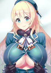 Rule 34 | 1girl, ascot, atago (kancolle), beret, black gloves, blonde hair, blue eyes, blue hat, blush, breasts, center opening, cleavage, gloves, green eyes, hat, highres, huge breasts, kantai collection, long hair, long sleeves, looking at viewer, military, military uniform, no bra, open clothes, paizuri invitation, rampage 2nd, simple background, smile, solo, underboob, uniform, upper body, white ascot