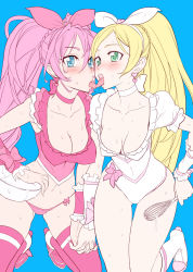 Rule 34 | 10s, 2girls, adapted costume, blonde hair, blue eyes, blush, boots, bow, bowl, breasts, choker, cleavage, cure melody, cure rhythm, earrings, covered erect nipples, french kiss, green eyes, hairband, holding hands, houjou hibiki, jewelry, kiss, knee boots, large breasts, long hair, magical girl, minamino kanade, multiple girls, open mouth, pink bow, pink hair, pink legwear, precure, revealing clothes, ribbon, satou shouji, suite precure, sweat, thighhighs, tongue, whisk, white choker, yuri