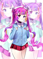 Rule 34 | 1girl, absurdres, alternate costume, bandaid, bandaid on face, blush, blush stickers, commission, heterochromia, highres, hiromitwo, idol corp, kindergarten uniform, looking at viewer, multicolored hair, pink eyes, pink hair, purple eyes, riro ron, shirt, simple background, skirt, star (symbol), thighs, twintails, virtual youtuber
