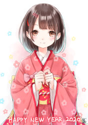 Rule 34 | 1girl, 2020, bashosho, blush, brown eyes, brown hair, closed mouth, commentary request, floral background, floral print, hair ornament, hairclip, happy new year, highres, japanese clothes, kimono, light smile, long sleeves, new year, obi, original, pink kimono, print kimono, sash, solo, upper body, wide sleeves