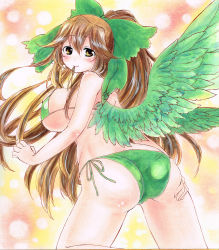 Rule 34 | 1girl, arms at sides, ass, back, bad id, bad pixiv id, bikini, bird wings, blush, breasts, brown hair, chakomame, clenched hand, cowboy shot, feathered wings, from behind, green wings, hair between eyes, hand on own ass, high ponytail, highres, large breasts, long hair, looking at viewer, looking back, mouth hold, ponytail, reiuji utsuho, side-tie bikini bottom, sideboob, smile, solo, swimsuit, touhou, untied bikini, wide ponytail, wings, yellow eyes