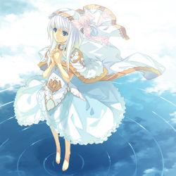 Rule 34 | barefoot, blue eyes, cape, dress, headdress, highres, original, own hands clasped, own hands together, ribbon, ripples, shiranagi masa, solo, walking, walking on liquid, water, white hair, wind