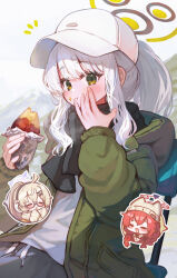 Rule 34 | 3girls, absurdres, black scarf, black shorts, blue archive, blush, chair, closed mouth, fingernails, food, food on face, green eyes, green jacket, grey hair, halo, hare (blue archive), hare (camp) (blue archive), hat, highres, holding, holding food, jacket, kotama (blue archive), kotama (camp) (blue archive), long hair, long sleeves, looking at viewer, maki (blue archive), maki (camp) (blue archive), multiple girls, official alternate costume, open clothes, open jacket, ponytail, qc6, scarf, shorts, simple background, sitting, solo focus, sweet potato, white background, white headwear
