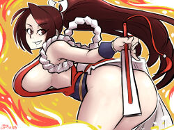 Rule 34 | 1girl, ass, blush, breasts, brown eyes, brown hair, cleavage, covering ass, covering privates, curvy, fatal fury, fire, highres, huge ass, large breasts, legs together, long hair, looking back, orange background, pelvic curtain, revealing clothes, shiny skin, shiranui mai, sideboob, smile, snk, solo, sweat, sweatdrop, thighs, videajames, white background, wide hips