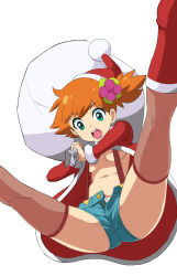 Rule 34 | 1girl, breasts, christmas, creatures (company), game freak, green eyes, hat, highres, holding, looking at viewer, makoto daikichi, midriff, misty (pokemon), navel, nintendo, open mouth, orange hair, panties, pantyshot, pokemon, pokemon (anime), pokemon (classic anime), santa hat, short hair, short shorts, shorts, side ponytail, simple background, smile, solo, suspenders, thighhighs, underboob, underwear, white background