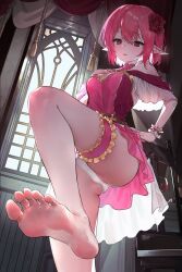 Rule 34 | 1girl, bare shoulders, barefoot, breasts, chair, commission, cup, dress, drinking glass, feet, flower, foot focus, hair flower, hair ornament, hand on own hip, highres, indoors, medium breasts, msaeng (00grimza), original, panties, parted lips, pink hair, pointy ears, red eyes, red flower, red rose, rose, short hair, soles, solo, underwear, white panties, window, wine glass