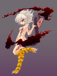 Rule 34 | 1girl, animal print, breasts, camel (dansen), claws, convenient censoring, female focus, monster girl, nude, original, pointy ears, red eyes, simple background, snake tail, solo, standing, standing on one leg, tail, tattoo, tiger print, white hair