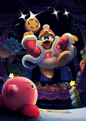Rule 34 | absurdres, aircraft, airplane, battle, blue eyes, bomber, boxing ring, broom hatter, cappy (kirby), chilly (kirby), coat, commentary, curtains, fur-trimmed coat, fur trim, hammer, hat, highres, holding, holding hammer, jumping, kabula, king dedede, kirby, kirby&#039;s dream land, kirby (series), kracko, lalala (kirby), lololo (kirby), looking at another, military, military vehicle, mr. frosty, nintendo, no humans, noddy (kirby), open mouth, pom pom (clothes), poppy bros jr, red coat, red headwear, scarfy, sky, snooter (kirby), sparky (kirby), squishy (kirby), stage lights, star (sky), star (symbol), starry sky, suyasuyabi, twitter username, waddle dee, waddle doo, walky, wheelie (kirby), whispy woods, window