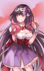Rule 34 | 1girl, black hair, blush, breasts, cleavage, commentary request, unworn eyewear, fate/grand order, fate (series), fingerless gloves, glasses, gloves, hairband, highres, holding, holding removed eyewear, large breasts, long hair, looking at viewer, osakabehime (fate), purple skirt, red eyes, skirt, smile, solo, very long hair, yuan (1143311)