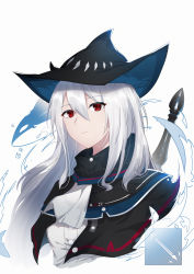 Rule 34 | 1girl, 7t, absurdres, arknights, ascot, black capelet, black hat, capelet, chinese commentary, closed mouth, expressionless, hair between eyes, hat, highres, huge filesize, long hair, looking at viewer, orca, red eyes, shirt, silver hair, simple background, skadi (arknights), solo, sword, upper body, weapon, weapon on back, white ascot, white background, white shirt
