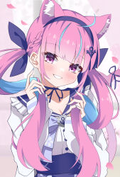 Rule 34 | ahoge, anchor hair ornament, animal ear fluff, blue hairband, blue headband, blue nails, blue ribbon, blush, cherry blossoms, colored inner hair, commentary, frilled sailor collar, frills, hair ornament, hairband, headband, highres, holding, holding hair, hololive, long hair, long sleeves, looking at viewer, minato aqua, minato aqua (sailor), multicolored hair, pink eyes, pink tail, ribbon, rumurumu, sailor collar, smile, streaked hair, symbol-only commentary, twintails, virtual youtuber