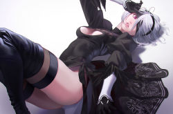 Rule 34 | 1girl, 2b (nier:automata), absurdres, arched back, arm support, ass, black footwear, black thighhighs, blindfold, blindfold lift, boots, bow, breasts, cleavage, cleavage cutout, clothing cutout, dress, dress bow, fur trim, gloves, gradient background, grey background, highres, lips, looking to the side, lying, medium breasts, messy hair, moruga, nier:automata, nier (series), on back, one eye covered, parted lips, pink eyes, puffy sleeves, shadow, short hair, silver hair, simple background, skindentation, solo, thigh boots, thighhighs, thighhighs under boots, thighs, turtleneck, turtleneck dress, white background