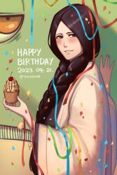 Rule 34 | 1girl, 50x48x48, \||/, black hair, bleach, blue eyes, blush, braid, cake, commentary, confetti, cowboy shot, eyebrows hidden by hair, eyelashes, food, green background, hand up, haori, highres, holding, holding cake, holding food, japanese clothes, kimono, lips, long hair, long sleeves, looking at viewer, minazuki (shikai), nose, parted lips, simple background, single braid, smile, solo, standing, unohana retsu, very long hair, white kimono, wide sleeves