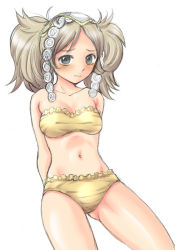 Rule 34 | 1girl, arms behind back, bikini, blush, breasts, cleavage, embarrassed, fire emblem, fire emblem awakening, frilled bikini, frills, grey eyes, grey hair, headdress, lissa (fire emblem), long hair, looking at viewer, midorinor, navel, nintendo, parted bangs, simple background, sketch, small breasts, solo, strapless, strapless bikini, swimsuit, tube top, twintails, wavy hair, wavy mouth, white background, yellow bikini