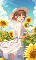 Rule 34 | 1girl, :d, back bow, bare arms, bare shoulders, blue sky, bow, braid, breasts, brown hair, day, dress, flower, from behind, hat, highres, holding, holding flower, lens flare, light rays, looking at viewer, looking back, medium breasts, open mouth, original, outdoors, short hair, sideboob, sky, sleeveless, sleeveless dress, smile, solo, sun hat, sunbeam, sundress, sunflower, sunlight, tteullie, white bow, white dress, white hat, yellow eyes, yellow flower