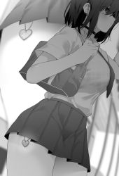 Rule 34 | 1girl, bag, blurry, blurry background, blush, bra visible through clothes, breasts, collared shirt, commentary request, greyscale, heart, highres, large breasts, monochrome, necktie, original, pleated skirt, ryouma (galley), school bag, school uniform, shirt, shirt tucked in, short hair, short sleeves, skirt, solo