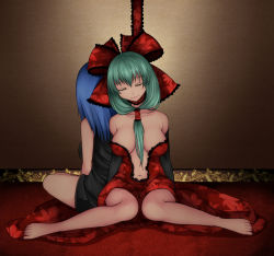 Rule 34 | 2girls, alternate costume, aoshima, back-to-back, bare legs, bare shoulders, barefoot, black dress, blue hair, bow, breasts, cleavage, closed eyes, closed mouth, collarbone, commentary request, detached sleeves, dress, frilled bow, frills, front ponytail, green hair, hair bow, hanged, head tilt, highres, indoors, kagiyama hina, kawashiro nitori, knees together feet apart, lace, lace-trimmed dress, lace trim, large bow, large breasts, leaf print, lips, long hair, long sleeves, multiple girls, navel, on floor, print dress, red bow, red dress, sitting, sleeveless, sleeveless dress, smile, strapless, strapless dress, touhou, wariza