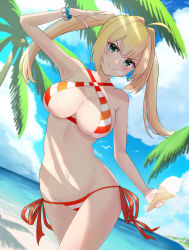 Rule 34 | 1girl, ahoge, bare shoulders, beach, bead bracelet, beads, bikini, blonde hair, blue sky, bracelet, breasts, cleavage, closed mouth, collarbone, criss-cross halter, day, fate/grand order, fate (series), food, green eyes, hair between eyes, hair intakes, halterneck, highres, ice cream, ice cream cone, inari (ambercrown), jewelry, large breasts, long hair, looking at viewer, navel, nero claudius (fate), nero claudius (fate) (all), nero claudius (swimsuit caster) (fate), ocean, palm tree, red bikini, shore, side-tie bikini bottom, sky, smile, striped bikini, striped clothes, sunlight, swimsuit, tree, twintails