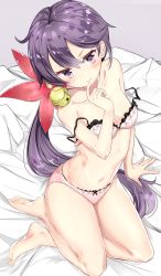 Rule 34 | 1girl, akebono (kancolle), bell, blush, bra, commentary request, finger to mouth, flat chest, flower, from above, hair bell, hair flower, hair ornament, hamaken. (novelize), jingle bell, kantai collection, long hair, looking at viewer, navel, on bed, oversized breast cup, panties, pink bra, pink panties, purple eyes, purple hair, sitting, solo, underwear, underwear only, very long hair, yokozuwari