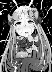 Rule 34 | 1girl, abigail williams (fate), blush, bow, bukkake, content rating, cum, cum on clothes, cum on hair, facial, fate/grand order, fate (series), greyscale, hair bow, long hair, long sleeves, monochrome, parted bangs, parted lips, polka dot, polka dot bow, projectile cum, sleeves past fingers, sleeves past wrists, solo, upturned eyes, wakamesan