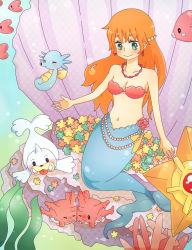 Rule 34 | 1girl, coral, corsola, creatures (company), earrings, flower, game freak, gen 1 pokemon, gen 2 pokemon, gen 3 pokemon, green eyes, highres, horsea, jewelry, long hair, luvdisc, mermaid, midriff, misty (pokemon), monster girl, necklace, nintendo, orange hair, pokemon, pokemon (anime), pokemon (classic anime), pokemon (creature), seaweed, seel, shell, shell bikini, smile, star (symbol), staryu, underwater