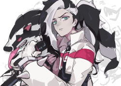 Rule 34 | 1boy, black hair, commentary request, creatures (company), cropped jacket, eyeshadow, game freak, gen 8 pokemon, gloves, green eyes, grey eyeshadow, gym leader, hand up, highres, holding, holding microphone, jacket, long hair, looking at viewer, makeup, male focus, microphone, mimizuku (mmiganaru), multicolored hair, nintendo, obstagoon, pale skin, parted lips, piers (pokemon), pokemon, pokemon (creature), pokemon swsh, shirt, two-tone hair, upper body, white hair, white jacket