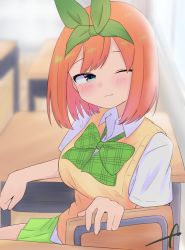 Rule 34 | 1girl, ;), blurry, blurry background, blush, bow, breasts, chair, closed mouth, collared shirt, commentary request, depth of field, desk, eyebrows hidden by hair, go-toubun no hanayome, green bow, green ribbon, green skirt, hair ribbon, highres, indoors, kujou karasuma, medium breasts, nakano yotsuba, on chair, one eye closed, orange hair, pleated skirt, ribbon, school chair, school desk, shirt, short sleeves, signature, sitting, skirt, smile, solo, sweater vest, white shirt, wooden floor