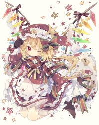 Rule 34 | 1girl, apron, bell, blonde hair, boots, bow, brown footwear, brown gloves, closed mouth, crystal, flandre scarlet, frilled apron, frills, full body, gloves, hair between eyes, hair bow, hat, highres, long hair, long sleeves, nikorashi-ka, one eye closed, plaid, plaid scarf, pom pom (clothes), red eyes, red hat, santa costume, santa hat, scarf, side ponytail, smile, solo, star (symbol), touhou, waist apron, white apron, wings