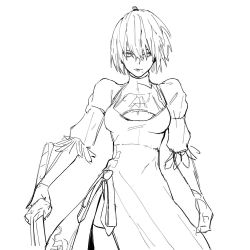 Rule 34 | 1girl, ahoge, cleavage cutout, closed mouth, clothing cutout, dress, feather-trimmed sleeves, feathers, gloves, greyscale, hair between eyes, hanjo, holding, holding sword, holding weapon, katana, mole, mole under mouth, monochrome, nier (series), nier:automata, puffy sleeves, short hair, sketch, sword, thighhighs, turtleneck, weapon, 2b (nier:automata)