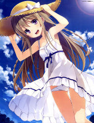 Rule 34 | 1girl, :d, absurdres, arms up, blue sky, bow, bow panties, braid, breasts, brown hair, cameltoe, cleft of venus, clothes lift, cloud, day, dengeki moeou, dress, dress lift, dutch angle, from below, hair bow, hands on headwear, hat, highres, lens flare, long hair, open mouth, original, panties, pantyshot, purple eyes, scan, see-through silhouette, sidelocks, sky, small breasts, smile, solo, straw hat, sun hat, sundress, thigh gap, twin braids, underwear, white dress, white panties, yuuki hagure