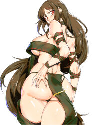 1girl absurdres ass bare_shoulders breasts brown_hair commentary_request cowboy_shot ear_piercing earrings fate/grand_order fate_(series) from_behind fundoshi highres japanese_clothes jewelry large_breasts long_hair looking_back loose_clothes minew multiple_earrings piercing red_eyes sideboob solo v-shaped_eyebrows very_long_hair yu_mei-ren_(fate)