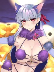 Rule 34 | 1girl, animal ears, bare shoulders, blush, bow, breasts, cleavage, closed mouth, cosplay, earrings, elbow gloves, fate/grand order, fate (series), full moon, fur-trimmed gloves, fur collar, fur trim, gloves, hair ribbon, halloween costume, highres, jack-o&#039;-lantern, jewelry, kama (fate), kankitsu kei, large breasts, long hair, looking at viewer, mash kyrielight, mash kyrielight (dangerous beast), mash kyrielight (dangerous beast) (cosplay), moon, night, night sky, o-ring, official alternate costume, pink bow, pink ribbon, purple gloves, red eyes, revealing clothes, ribbon, silver hair, sky, solo, wolf ears