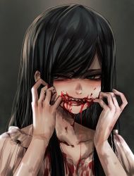Rule 34 | 1girl, biting, black hair, blood, blood drip, blood on face, blush, dress, finger biting, finger in own mouth, green eyes, grey background, hands up, hoshi san 3, looking to the side, original, self-harm, sharp teeth, smile, solo, teeth, upper body, white dress