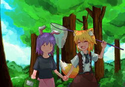 Rule 34 | 2girls, :3, :d, ahoge, animal ear fluff, animal ears, asymmetrical hair, belt, black belt, black neckwear, black shirt, blonde hair, blue sky, blush, breasts, brown skirt, brown vest, bush, butterfly net, closed mouth, cloud, collared shirt, commentary request, cookie (touhou), cowboy shot, day, fake hisui (cookie), fang, forest, fox ears, fox girl, fox tail, hair between eyes, hand net, highres, holding, holding butterfly net, holding hands, looking at another, medium hair, miramikaru riran, mob face, multiple girls, nature, necktie, open mouth, outdoors, pink skirt, purple hair, reisen udongein inaba, shirt, short sleeves, sidelocks, skirt, sky, small breasts, smile, tail, touhou, tree, vest, white shirt, yan pai