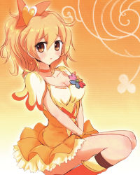 Rule 34 | 00s, 1girl, avy417, bad id, bad pixiv id, boots, bow, breasts, brown eyes, choker, cleavage, cure pine, dress, earrings, fresh precure!, hair bow, hair ornament, heart, heart hair ornament, jewelry, magical girl, orange background, orange dress, orange hair, orange skirt, orange theme, precure, short hair, side ponytail, skirt, solo, v arms, yamabuki inori